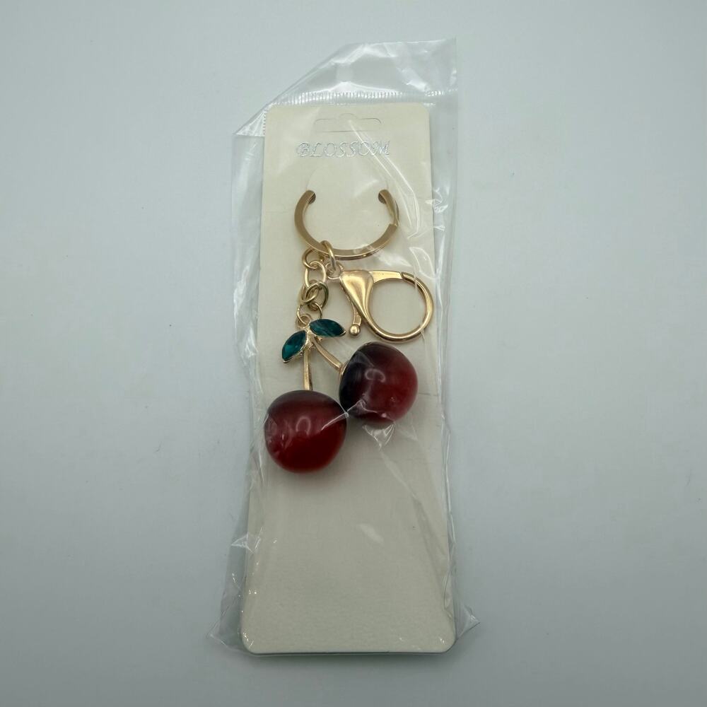 3/$25 - Cherry Keychain Purse Charm Red Fruit Gold Tone NWT - Picture 2 of 3